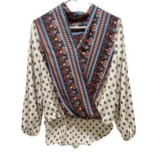 Xhilaration Wrap Front Blouse Women's XS Paisley Long Sleeve V-Neck Boho Top EUC